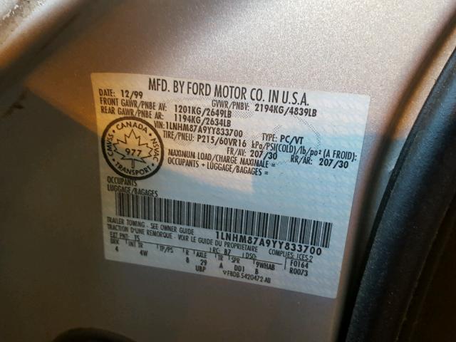 1LNHM87A9YY833700 - 2000 LINCOLN LS 银色 照片 10