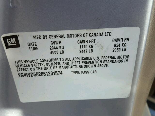 2G4WD582861201574 - 2006 BUICK LACROSSE C SILVER photo 10