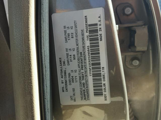 1YVGF22C625290843 - 2002 MAZDA 626 LX BEIGE photo 10