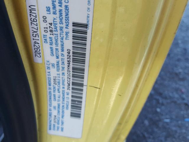 3VWCC21C0YM463240 - 2000 VOLKSWAGEN NEW BEETLE ყვითელი ფოტო 10