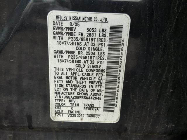 JN8AZ08W85W442648 - 2005 NISSAN MURANO SL BLACK photo 10