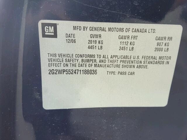 2G2WP552471188036 - 2007 PONTIAC GRAND PRIX BLUE photo 10