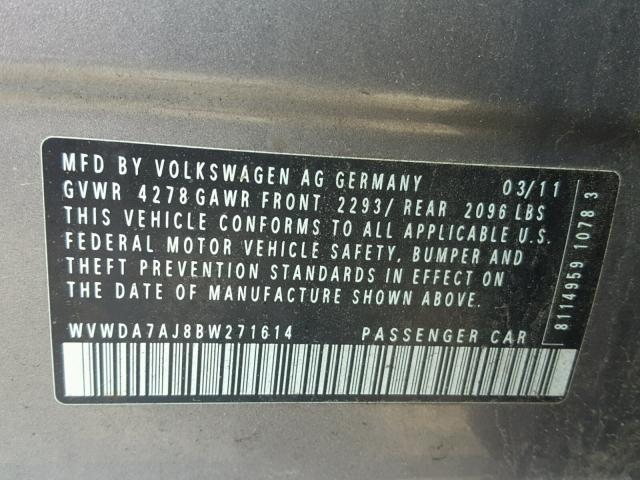 WVWDA7AJ8BW271614 - 2011 VOLKSWAGEN GOLF GRAY photo 10