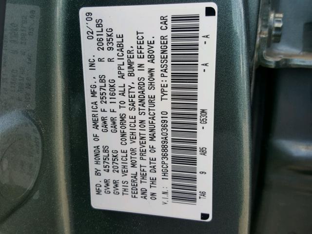 1HGCP36889A036910 - 2009 HONDA ACCORD EXL GREEN photo 10