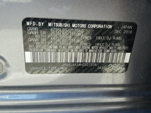 JA4AD3A3XHZ027338 - 2017 MITSUBISHI OUTLANDER GRAY photo 10