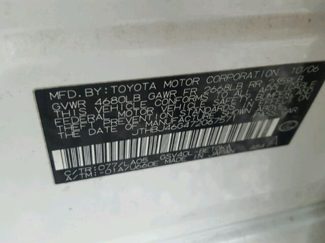 JTHBJ46G472067571 - 2007 LEXUS ES 350 WHITE photo 10