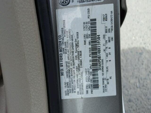 3FAHP08148R159584 - 2008 FORD FUSION SEL SILVER photo 10