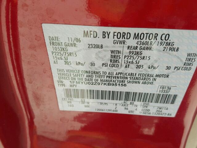 1FMYU02Z97KB95156 - 2007 FORD ESCAPE XLS MAROON photo 10