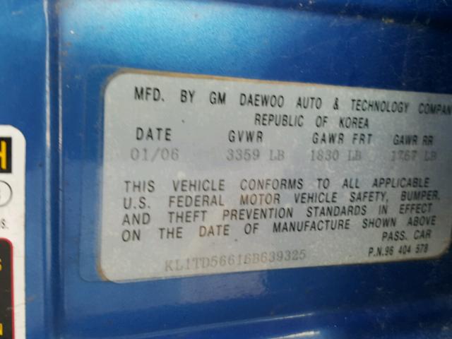KL1TD56616B639325 - 2006 CHEVROLET AVEO BASE Mavi foto 10