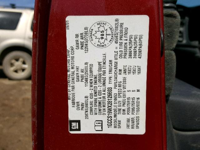 1GCCS19WX28126603 - 2002 CHEVROLET S TRUCK S1 RED photo 10