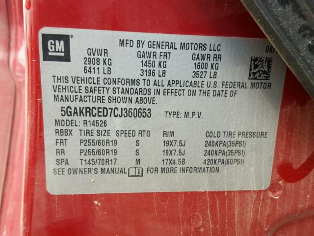 5GAKRCED7CJ360653 - 2012 BUICK ENCLAVE RED photo 10