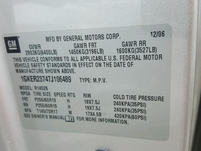 1GKER23747J106489 - 2007 GMC ACADIA SLT 银色 照片 10