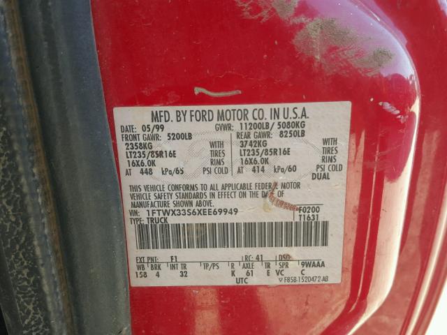 1FTWX33S6XEE69949 - 1999 FORD F350 SUPER RED photo 10