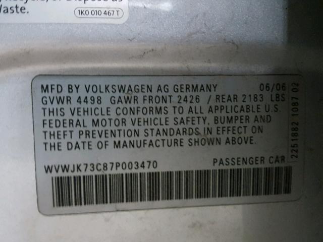 WVWJK73C87P003470 - 2007 VOLKSWAGEN PASSAT SILVER photo 10