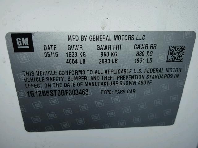 1G1ZB5ST0GF303463 - 2016 CHEVROLET MALIBU LS 白色 照片 10