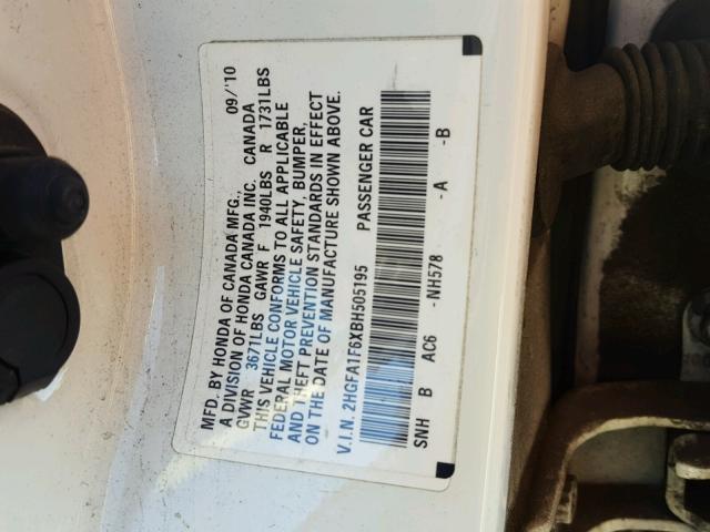 2HGFA1F6XBH505195 - 2011 HONDA CIVIC LX-S 白色 照片 10