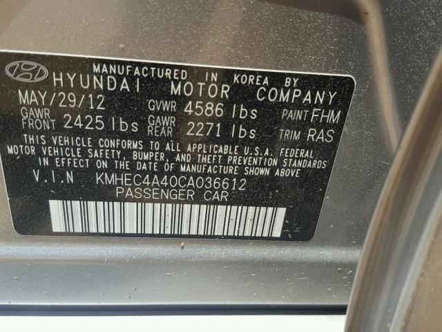 KMHEC4A40CA036612 - 2012 HYUNDAI SONATA HYB SILVER photo 10