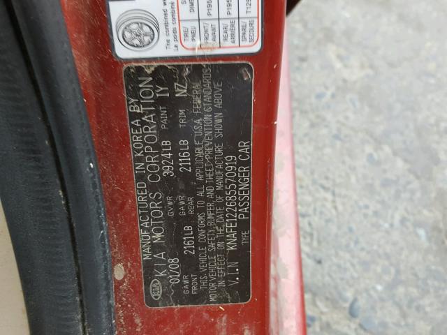 KNAFE122685570919 - 2008 KIA SPECTRA EX RED photo 10