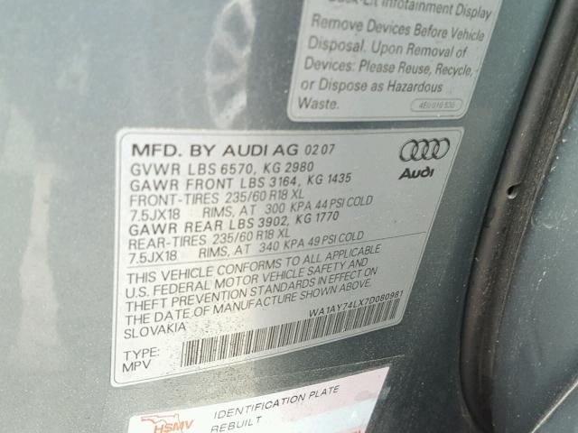 WA1AY74LX7D080981 - 2007 AUDI Q7 3.6 QUA GREEN photo 10