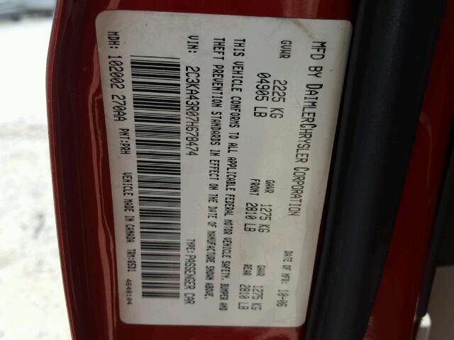 2C3KA43R07H678474 - 2007 CHRYSLER 300 RED photo 10