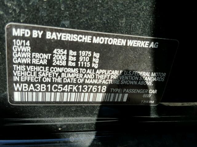 WBA3B1C54FK137618 - 2015 BMW 320I BLACK photo 10