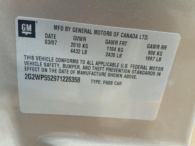 2G2WP552971226358 - 2007 PONTIAC GRAND PRIX BEIGE photo 10