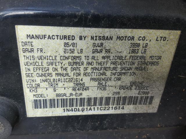 1N4DL01A11C221614 - 2001 NISSAN ALTIMA GXE BLACK photo 10