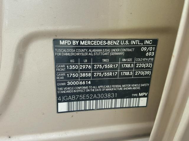 4JGAB75E52A303831 - 2002 MERCEDES-BENZ ML 500 TAN photo 10