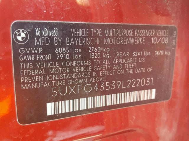 5UXFG43539L222031 - 2009 BMW X6 XDRIVE3 RED photo 10