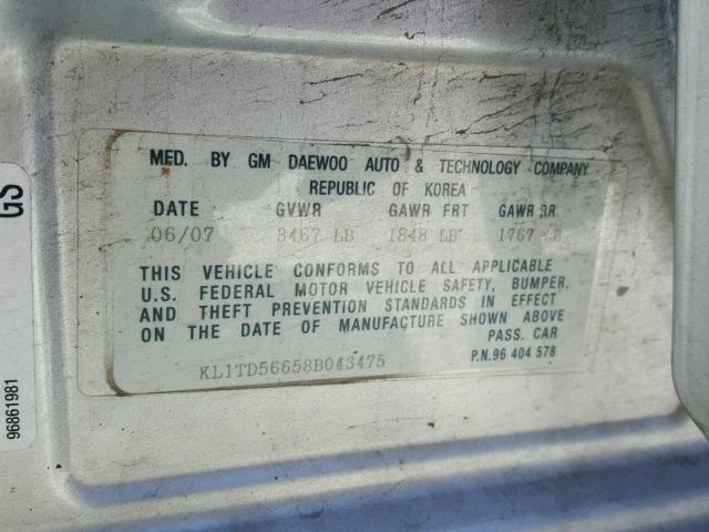 KL1TD56658B043475 - 2008 CHEVROLET AVEO BASE Күміс фото 10