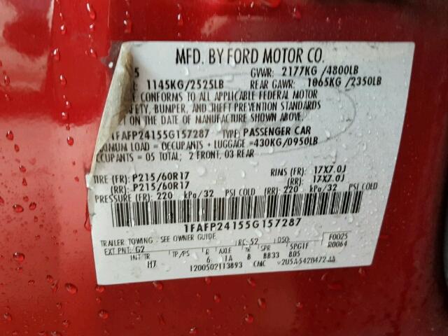 1FAFP24155G157287 - 2005 FORD FIVE HUNDR RED photo 10