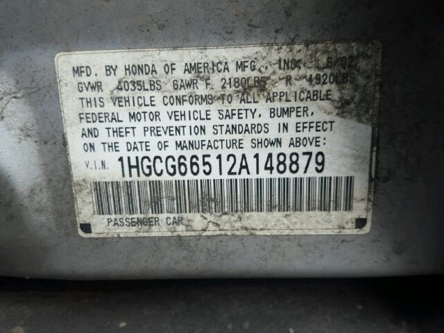 1HGCG66512A148879 - 2002 HONDA ACCORD LX SILVER photo 10