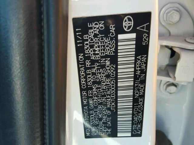 JTDKTUD30CD510292 - 2012 TOYOTA YARIS WHITE photo 10