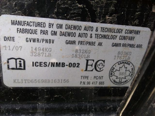 KL1TD65698B163156 - 2008 CHEVROLET AVEO BASE Սև լուսանկար 9
