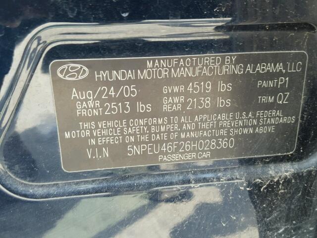 5NPEU46F26H028360 - 2006 HYUNDAI SONATA GLS BLUE photo 10