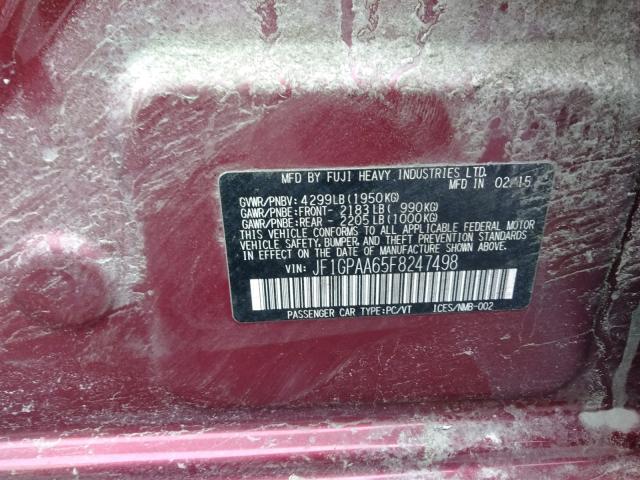 JF1GPAA65F8247498 - 2015 SUBARU IMPREZA BA MAROON photo 10