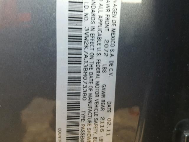 3VW2K7AJ3BM073380 - 2011 VOLKSWAGEN JETTA BASE 灰色 照片 10