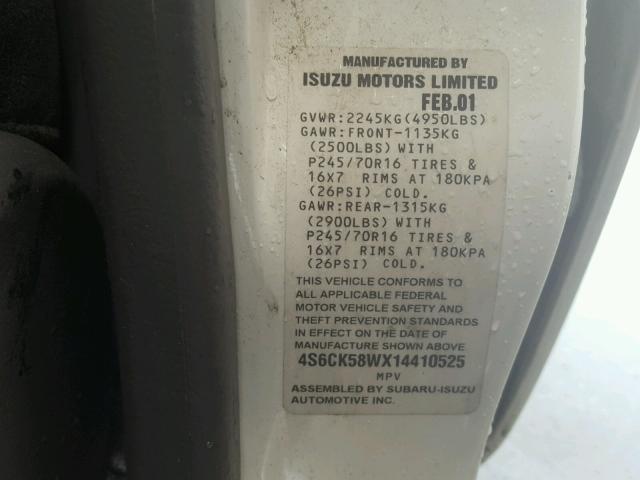 4S6CK58WX14410525 - 2001 HONDA PASSPORT E 白色 照片 10