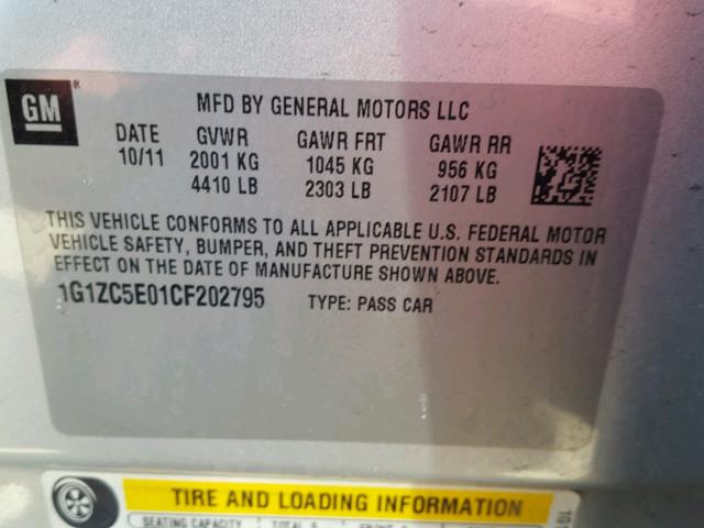 1G1ZC5E01CF202795 - 2012 CHEVROLET MALIBU 1LT SILVER photo 10