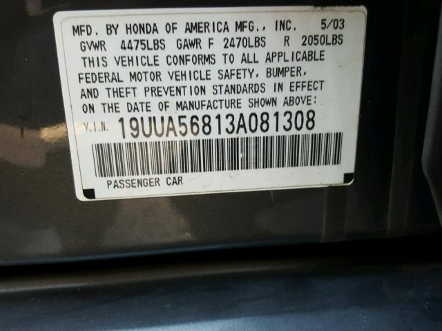 19UUA56813A081308 - 2003 ACURA 3.2TL TYPE CHARCOAL photo 10