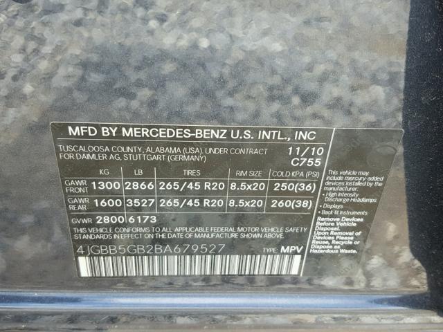 4JGBB5GB2BA679527 - 2011 MERCEDES-BENZ ML 350 GRAY photo 10