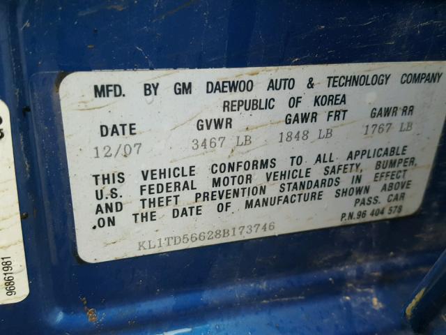 KL1TD56628B173746 - 2008 CHEVROLET AVEO BASE Mavi foto 10