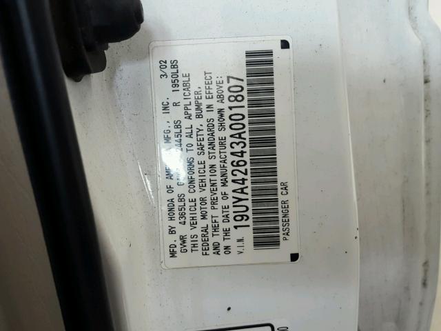 19UYA42643A001807 - 2003 ACURA 3.2CL TYPE WHITE photo 10