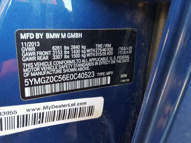 5YMGZ0C56E0C40523 - 2014 BMW X6 M BLUE photo 10