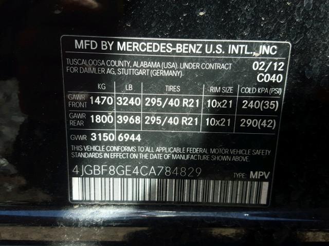 4JGBF8GE4CA784829 - 2012 MERCEDES-BENZ GL 550 4MA BLACK photo 10
