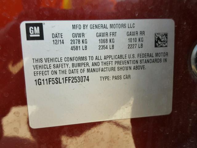 1G11F5SL1FF253074 - 2015 CHEVROLET MALIBU LTZ მუქწითელი ფოტო 10