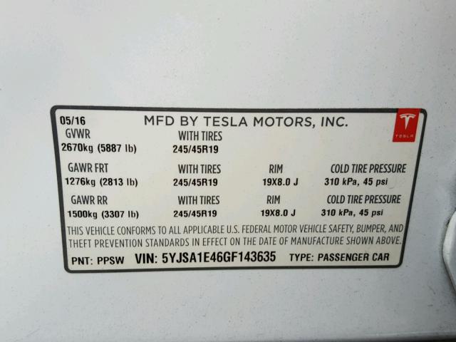 5YJSA1E46GF143635 - 2016 TESLA MODEL S WHITE photo 10