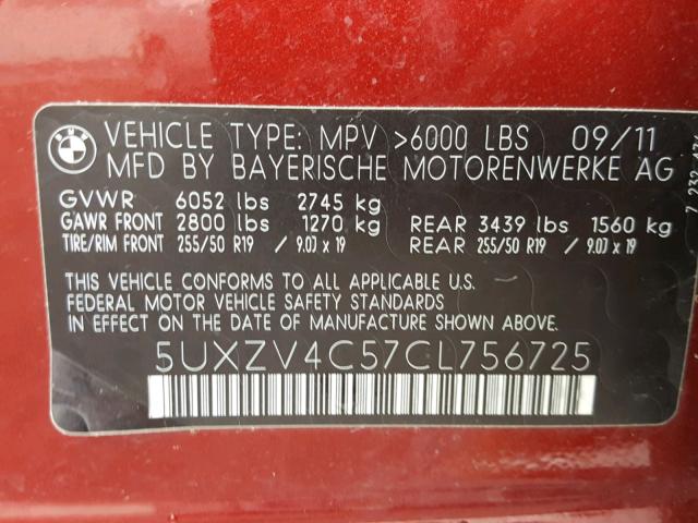 5UXZV4C57CL756725 - 2012 BMW X5 XDRIVE3 RED photo 10