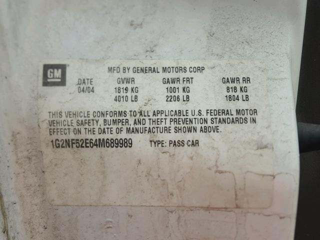 1G2NF52E64M689989 - 2004 PONTIAC GRAND AM S 白色 照片 10