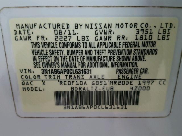 3N1AB6AP0CL631631 - 2012 NISSAN SENTRA 2.0 WHITE photo 10